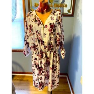 3/4 roll tab sleeve white floral dress